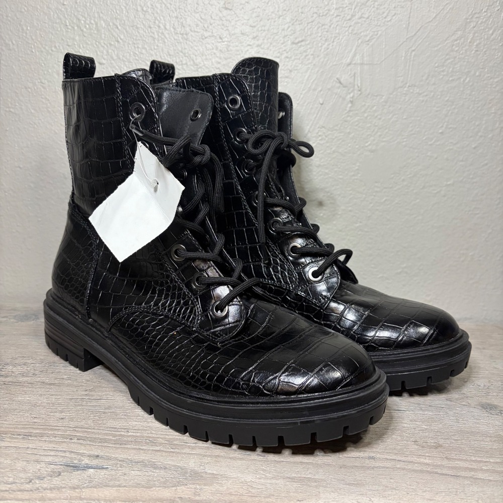 Nine West Sento Black Croc Embossed Combat Boots Lace Up Side Zip Lug Sole 10.5M